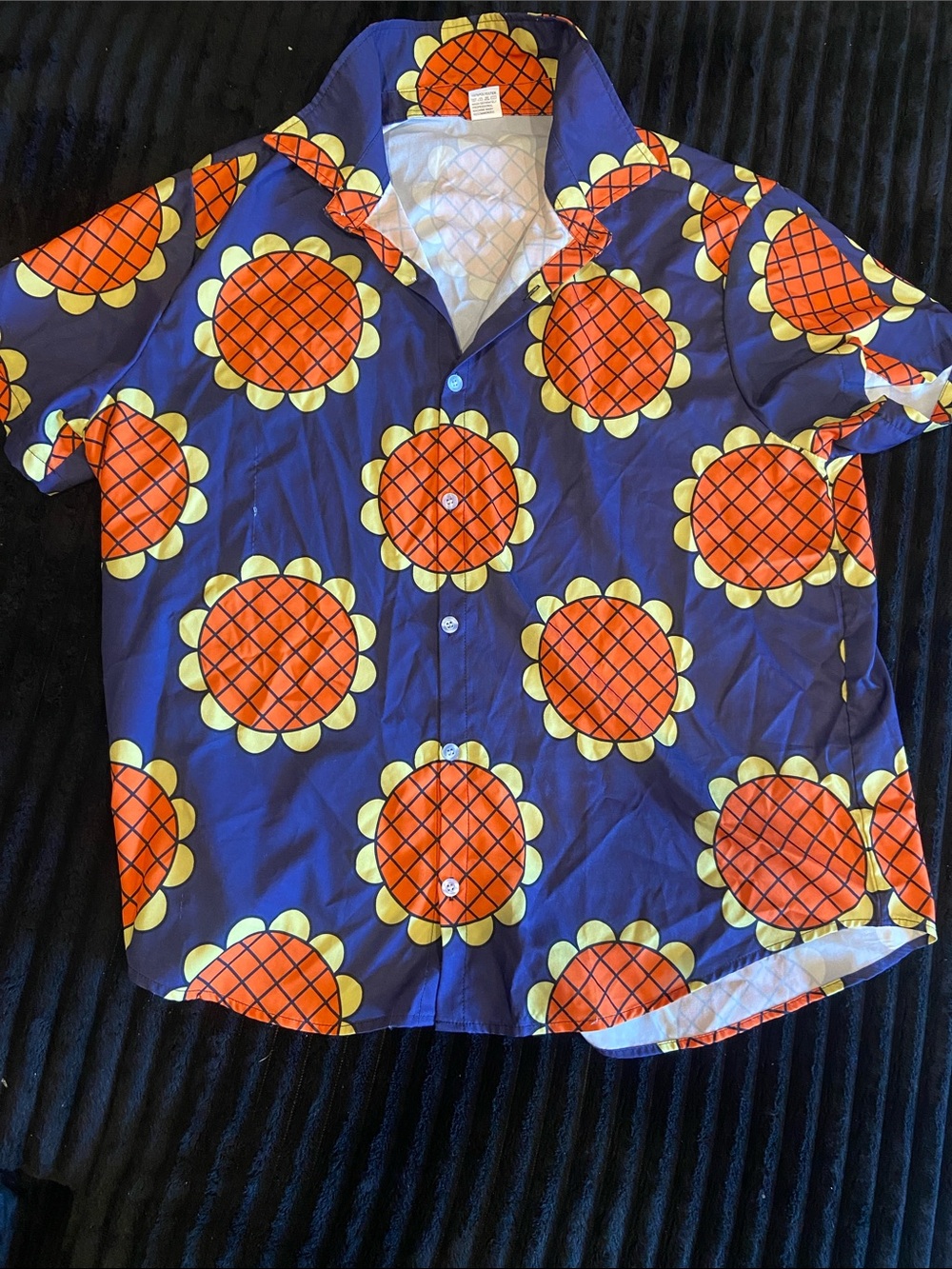 Mens Short-Sleeve Button-Up Shirt in Navy with Orange Sunburst Print